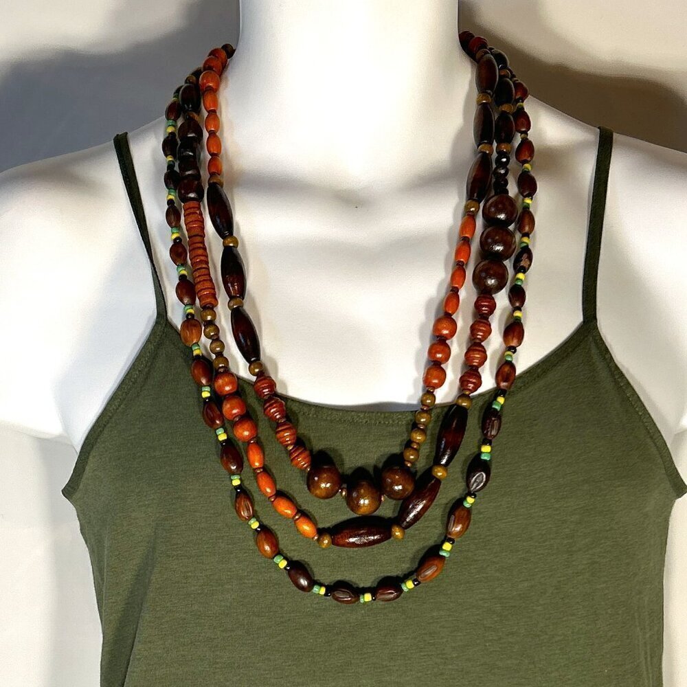 2 Pcs. Wood Bead Long Necklaces Vintage Boho Tribal Timeless Woodland